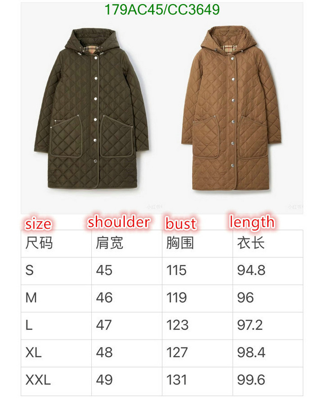 Burberry-Down jacket Women Code: CC3649 $: 179USD