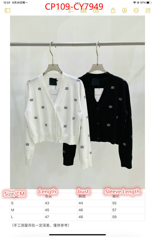 Clothing-Givenchy luxury cheap ID: CY7949 $: 109USD