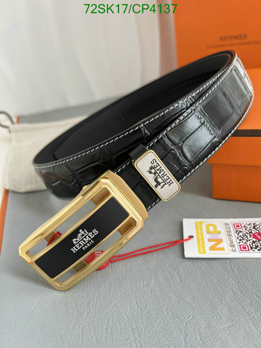 Hermes Men's Croc Embossed Cowhide Leather Belt with Gold Buckle