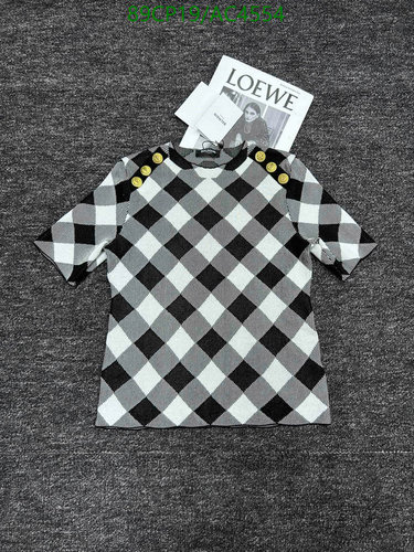 Balmain Women's Black & White Checked Knit Top with Gold Buttons