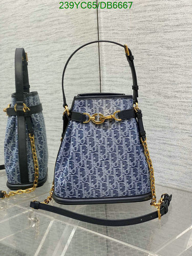 Dior Denim & Leather Bucket Bag with Gold Chain and Signature Monogram