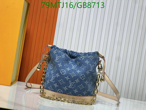 Louis Vuitton Denim Leather Drawstring Bucket Bag with Gold-Tone Chain - 83043