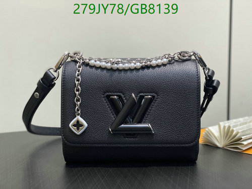 Louis Vuitton Black Genuine Leather Shoulder Bag with Pearl Chain Accent