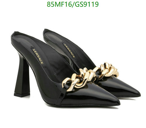 Versace Women's Black Patent Leather Mules with Gold Chain Detail, 10CM Heel