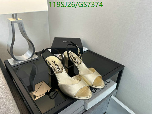 Chanel Women's Elegant Gold Sheepskin Block Heel Sandals with Chain Detail