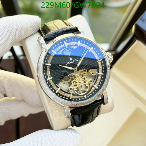 Rolex Elegant Automatic Watch with Black Leather Strap & Skeleton Dial