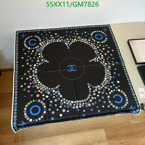 Chanel Silk Scarf 90CM x 90CM - Elegant Black with Colorful Embellishments