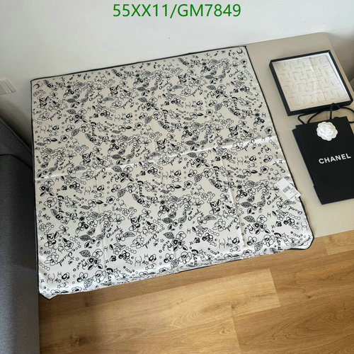 Chanel Silk Scarf 90x90CM - Elegant Black & White Floral Pattern