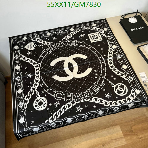 Chanel Silk Square Scarf - Elegant Black & White Logo Print - 90x90CM