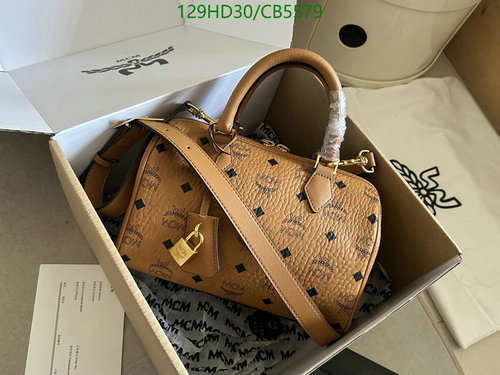 MCM Visetos Original Boston Bag: Luxurious Cognac Leather Satchel with Lock