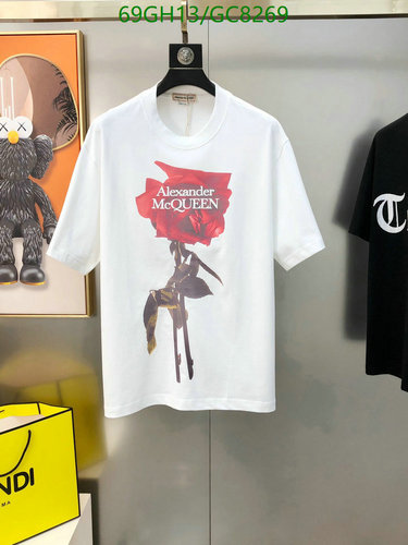 Alexander McQueen Men's White Cotton T-Shirt with Red Rose Print - GC8269