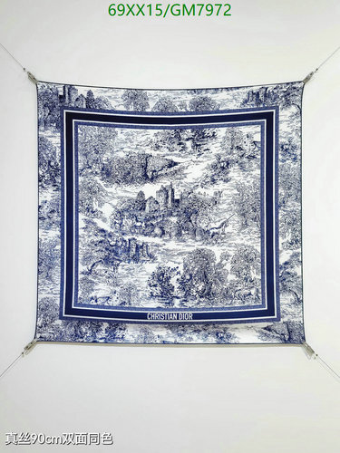 Dior Toile de Jouy Silk Square Scarf - Elegant Blue & White 90x90CM