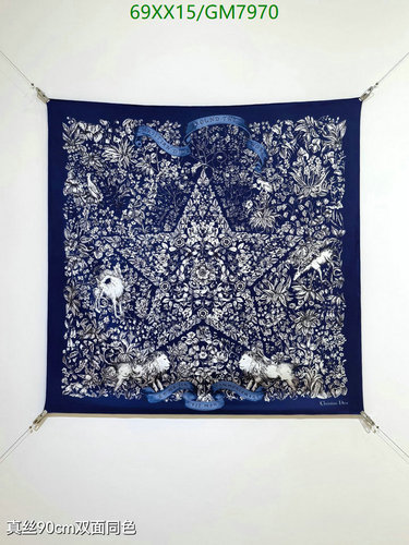 Dior 90cm Silk Twill Scarf - Navy Blue 'Around The World' Pattern