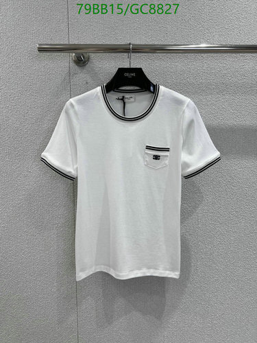 Celine Women's Cotton Crew Neck T-Shirt with Striped Trim and Pocket