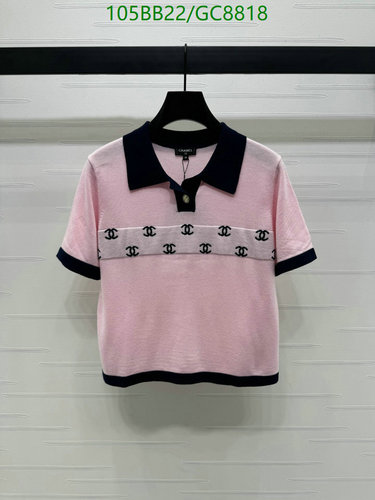 Chanel Pink & Navy Knit Polo Shirt - Classic CC Logo Design, Short Sleeve Top