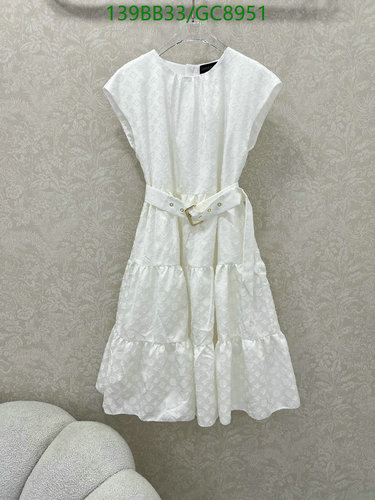 Louis Vuitton White Tiered Belted Dress - Elegant Monogram Polyester Midi