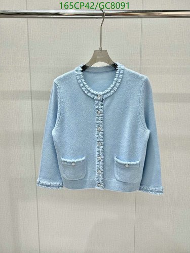 Chanel Women's Blue Knit Cardigan with Ruffle Trim and Pearl Buttons