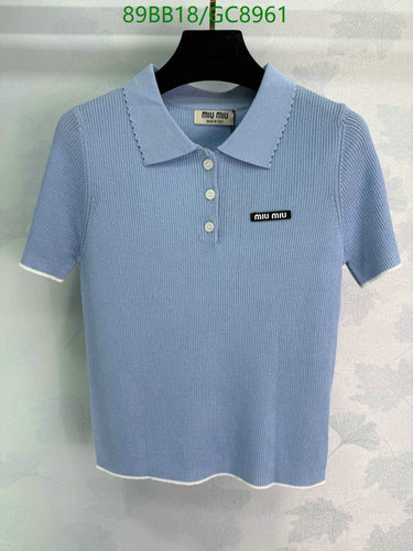 Miu Miu Women's Ribbed Polo Shirt with Scalloped Collar - Classic Blue Knit Top