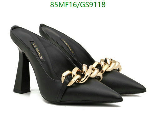 Versace Women's Black Pointed Toe Mules with Gold Chain Detail, 10CM Heel