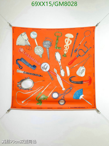 Hermès Silk Scarf 90CM: Vibrant Orange Design with Unique Tool Print