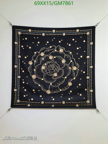 Chanel Silk Scarf - Elegant Black Design with Gold Embellishments (90x90CM)
