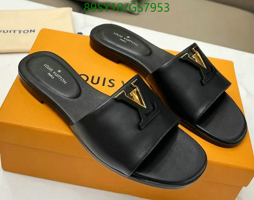 Louis Vuitton Women's Black Flat Slides with Gold-Tone LV Embellishment