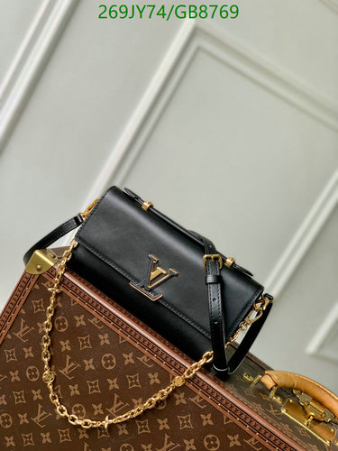 Louis Vuitton Stylish Black Leather Shoulder Bag with Golden Chain Strap