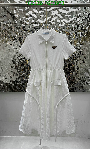 Prada White Cotton Short Sleeve Midi Dress with Zipper Closure
