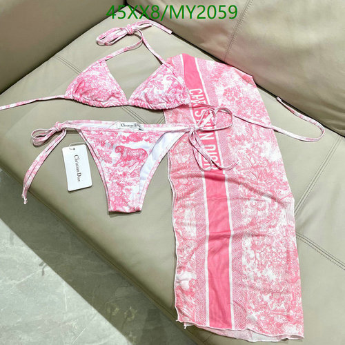 Christian Dior Women's Pink Toile de Jouy Inspired 3-Piece Swimsuit Set
