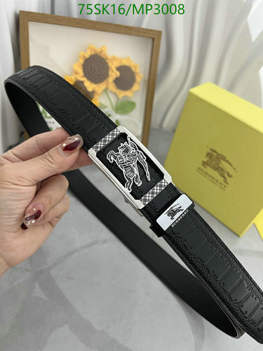 Burberry Men's Black Embossed Leather Belt with Knight Buckle - 3.5CM Width