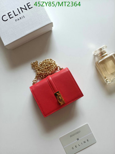 Celine Compact Wallet with Chain in Grained Calfskin - Elegant Red Design