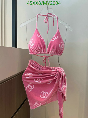 Chanel Pink Velvet Halter Bikini with Matching Sarong Cover-Up - 3 Piece Set