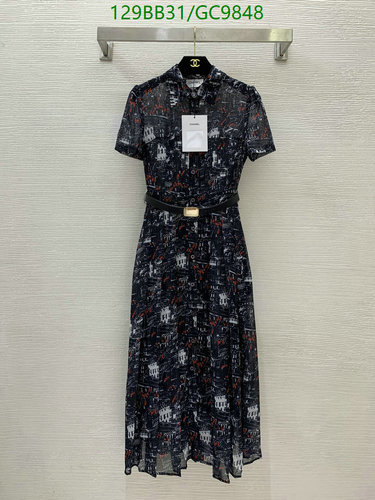 Chanel Women's Elegant Printed Chiffon Shirt Dress with Belt