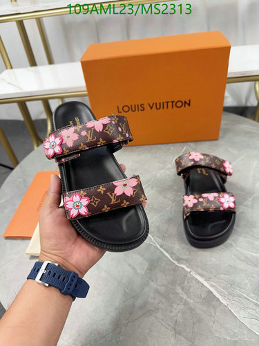 Louis Vuitton Monogram Bloom Flat Sandals - Unisex Designer Slides with Floral Motif 31 Louis Vuitton Unisex Cherry Blossom Monogram Flat Comfort Sandals - MS2313
