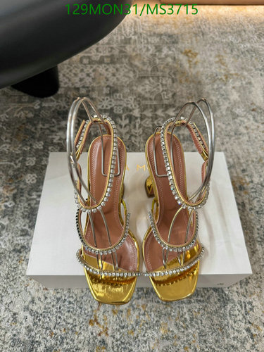 Amina Muaddi Women's Gold Metallic Leather Heeled Sandals with Crystal Detail