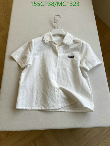 Miu Miu White Linen Short-Sleeve Blouse with Scalloped Collar & Logo Detail