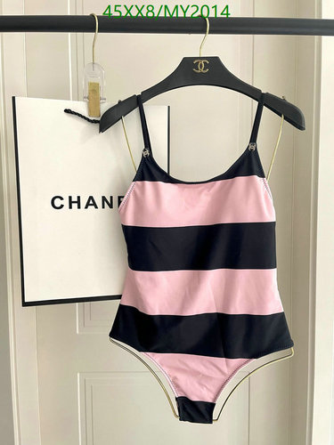 Chanel MY2014 Striped One-Piece Swimsuit for Women - Pink & Black