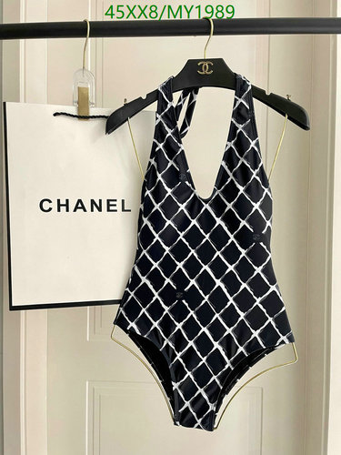 Chanel Luxury Halter One-Piece Swimsuit - Stylish Black and White Design