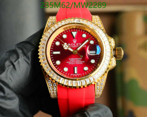Rolex Submariner Automatic Watch - Red Dial, Gold-Tone, Diamond Bezel