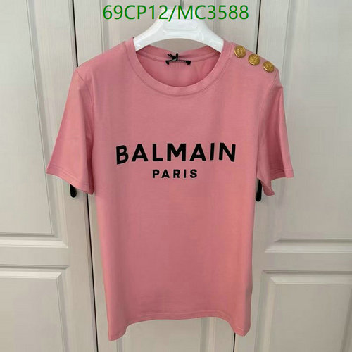 Balmain Paris Women's Pink Logo Graphic Tee with Gold Buttons, S-XXL
