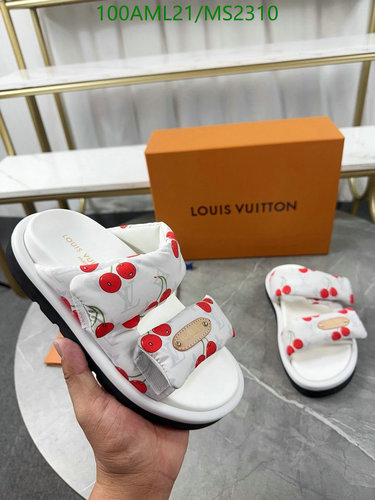Louis Vuitton Unisex Cherry Print Fabric & Sheepskin Comfort Slides 1 Louis Vuitton Unisex Cherry Print Fabric & Sheepskin Comfort Slides