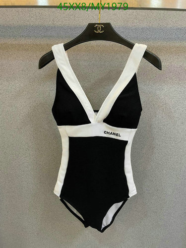 Chanel Women's Black and White V-Neck One-Piece Swimsuit - Stylish & Comfortable