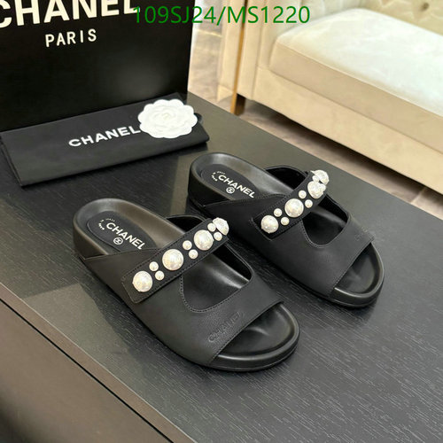 Chanel Women's Black Lambskin Leather Pearl Embellished Sandals