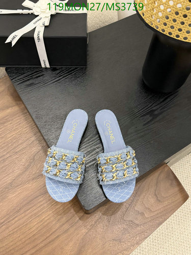 Chanel Women's Blue Sheepskin Chain Embellished Slide Sandals, EU34-EU40