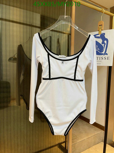 Chanel Long Sleeve Swimsuit - Elegant White One-Piece with Black Trim