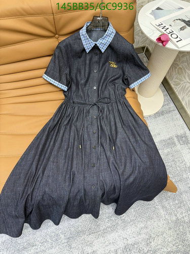 Miu Miu Women's Denim Shirt Dress with Plaid Collar and Drawstring Waist