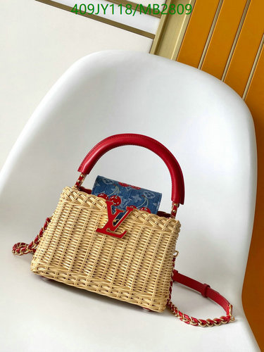 Louis Vuitton Woven Rattan Handbag with Red Leather Trim - Elegant & Chic