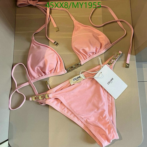 Celine Women's Pink Triangle Bikini Set with Gold Tone Chain Detailing