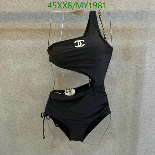 Chanel One-Shoulder Cut-Out Swimsuit with Chain Detail - Elegant Black Bathing Suit