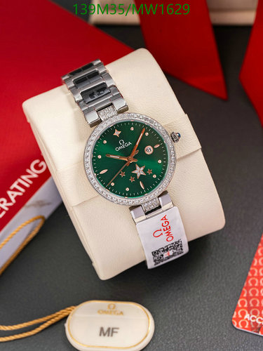 Omega MW1629 Women's Quartz Watch - Stainless Steel with Green Dial & Stars